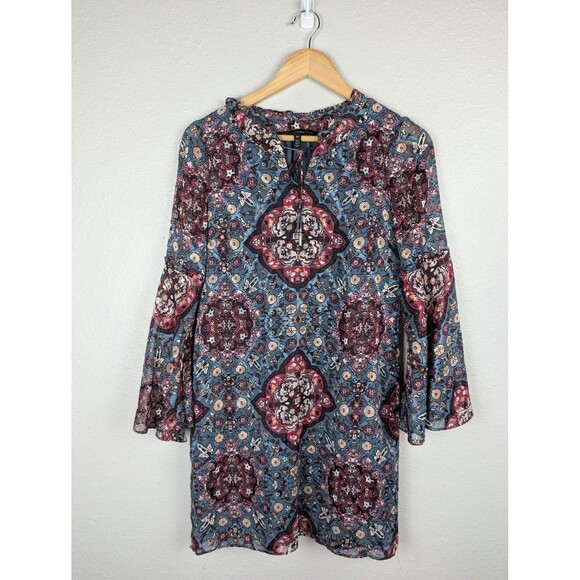 White House Black Market Tunic Dress Womens Small Petite Blue Boho Bell Sleeve - Picture 1 of 7